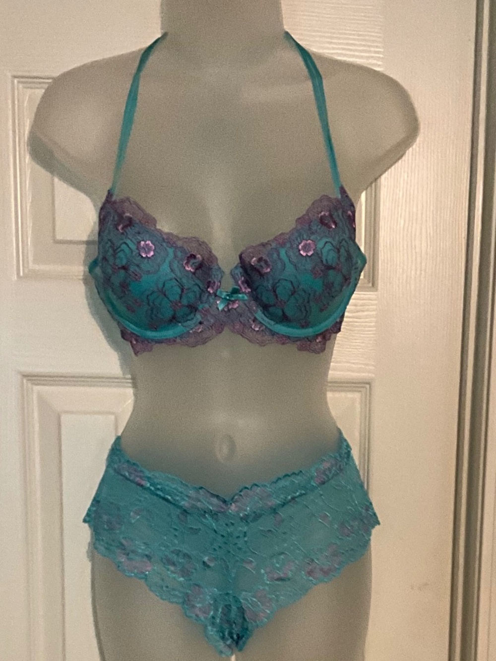Ambrielle SexyTeal Lace Bra & Pant Floral Embroider Set,Bra-36B,Panty-7L